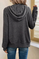 Dark Grey Ribbed Zip Up Front Drawstring Hoodie Sweatshirts & Hoodies JT's Designer Fashion