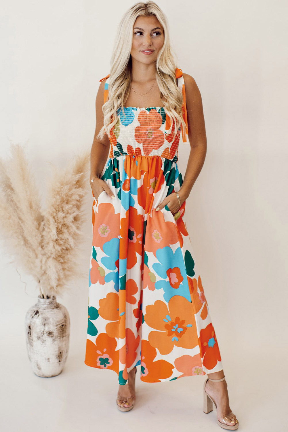 Orange Floral Self Tied Straps Smocked Bust Maxi Dress Floral Dresses JT's Designer Fashion