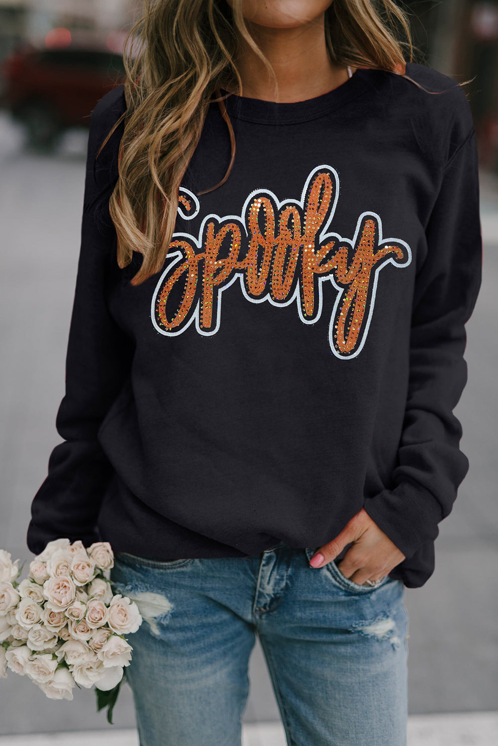 Black Spooky Rhinestone Drop Shoulder Graphic Sweatshirt Graphic Sweatshirts JT's Designer Fashion