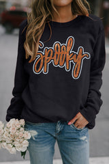 Black Spooky Rhinestone Drop Shoulder Graphic Sweatshirt Graphic Sweatshirts JT's Designer Fashion