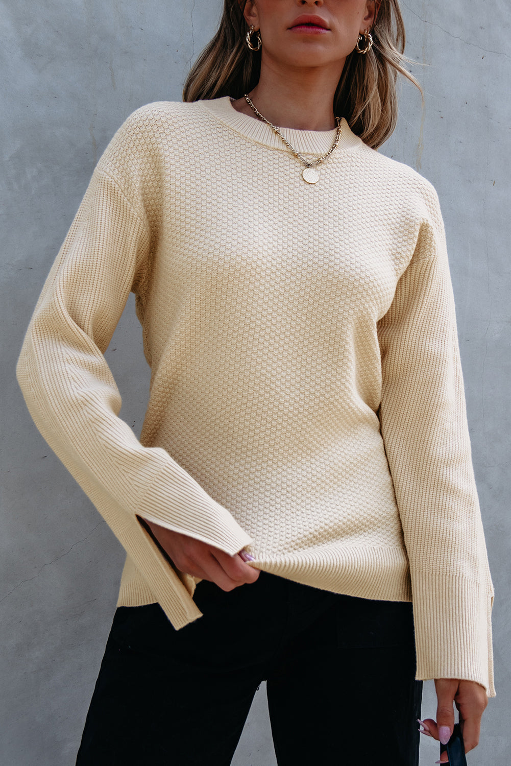 Parchment Solid Textured Knit Split Cuff Drop Shoulder Loose Sweater Sweaters JT's Designer Fashion