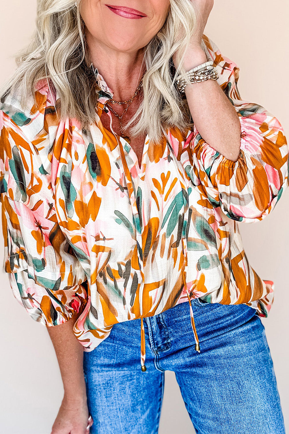 Yellow Abstract Print Drawstring Frilled V Neck 3/4 Sleeve Blouse Blouses & Shirts JT's Designer Fashion