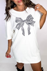 White Striped Bow Knot Half Sleeve Tunic T Shirt Graphic Tees JT's Designer Fashion