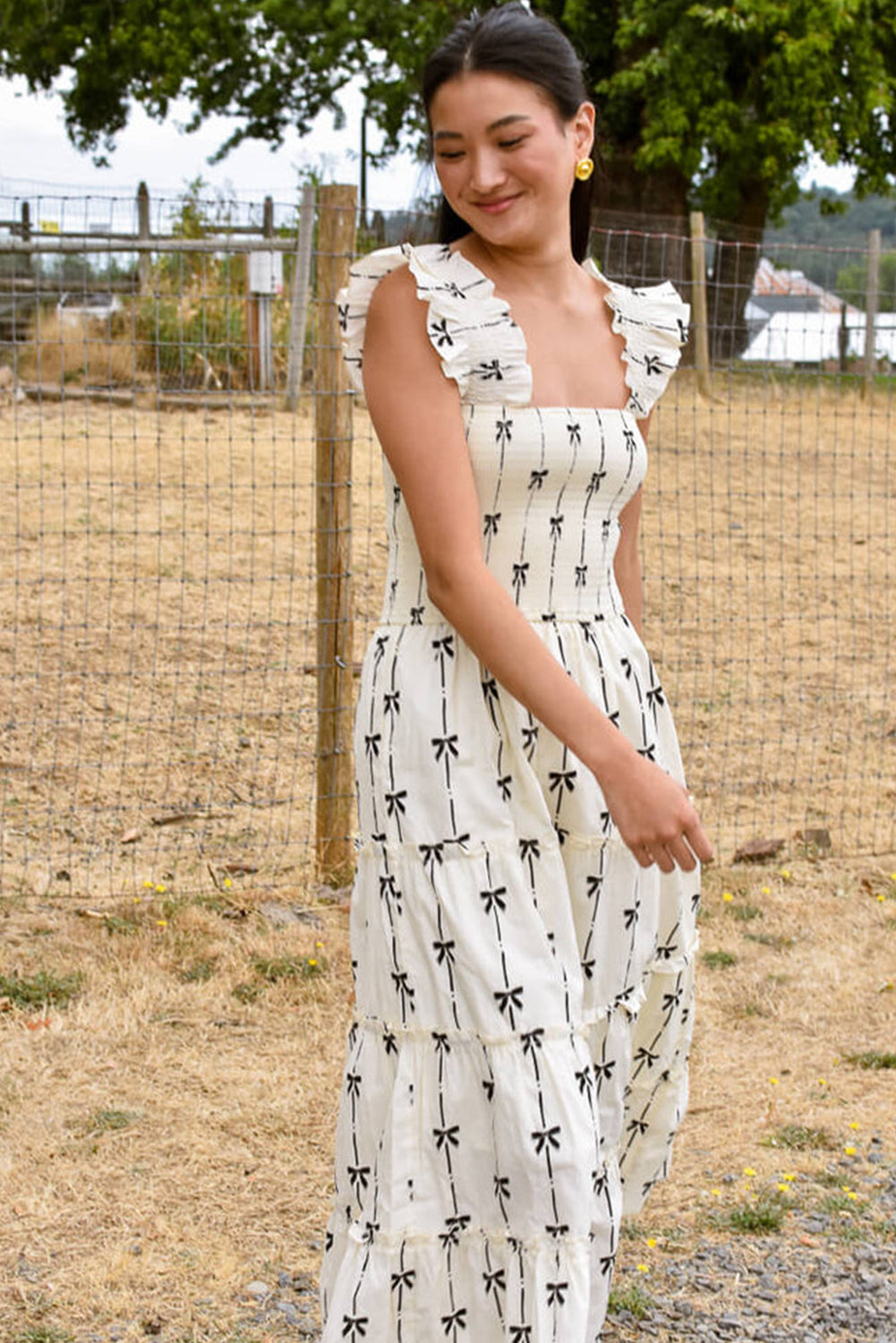 Black Bow Print Smocked Square Neck Ruffle Tiered Long Dress Maxi Dresses JT's Designer Fashion