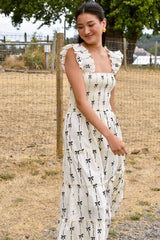 Black Bow Print Smocked Square Neck Ruffle Tiered Long Dress Maxi Dresses JT's Designer Fashion
