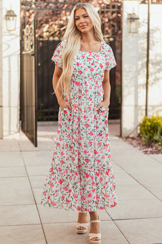 Pink Floral Puff Sleeve Square Neck Empire Waist Tiered Maxi Dress Pink 100%Polyester Floral Dresses JT's Designer Fashion
