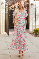 Pink Floral Puff Sleeve Square Neck Empire Waist Tiered Maxi Dress Pink 100%Polyester Floral Dresses JT's Designer Fashion