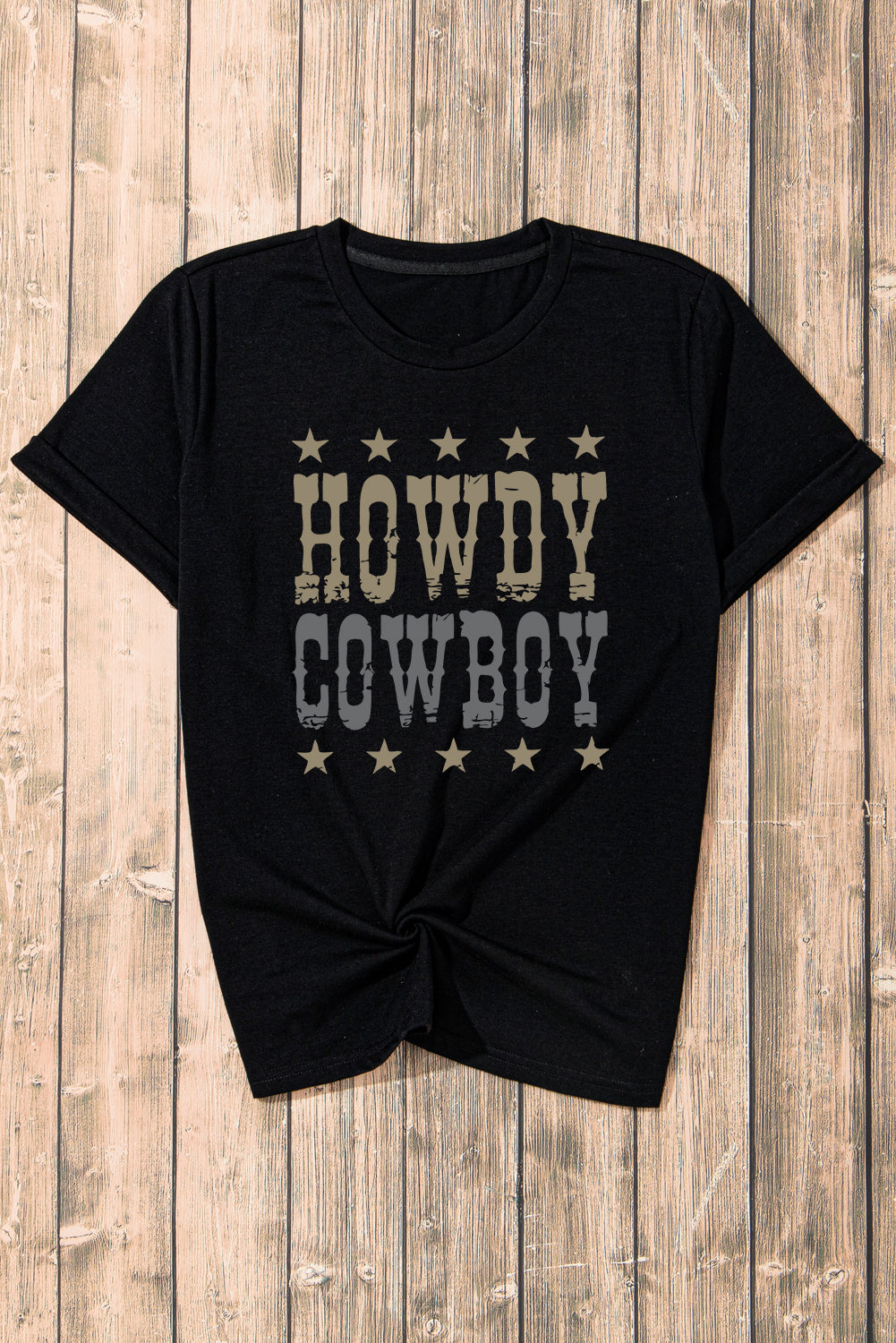 Black HOWDY COWBOY Star Print Crew Neck Loose T Shirt Graphic Tees JT's Designer Fashion