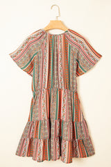 Red Bohemian Floral Print Buttoned V Neck Ruffle Tiered Dress Floral Dresses JT's Designer Fashion