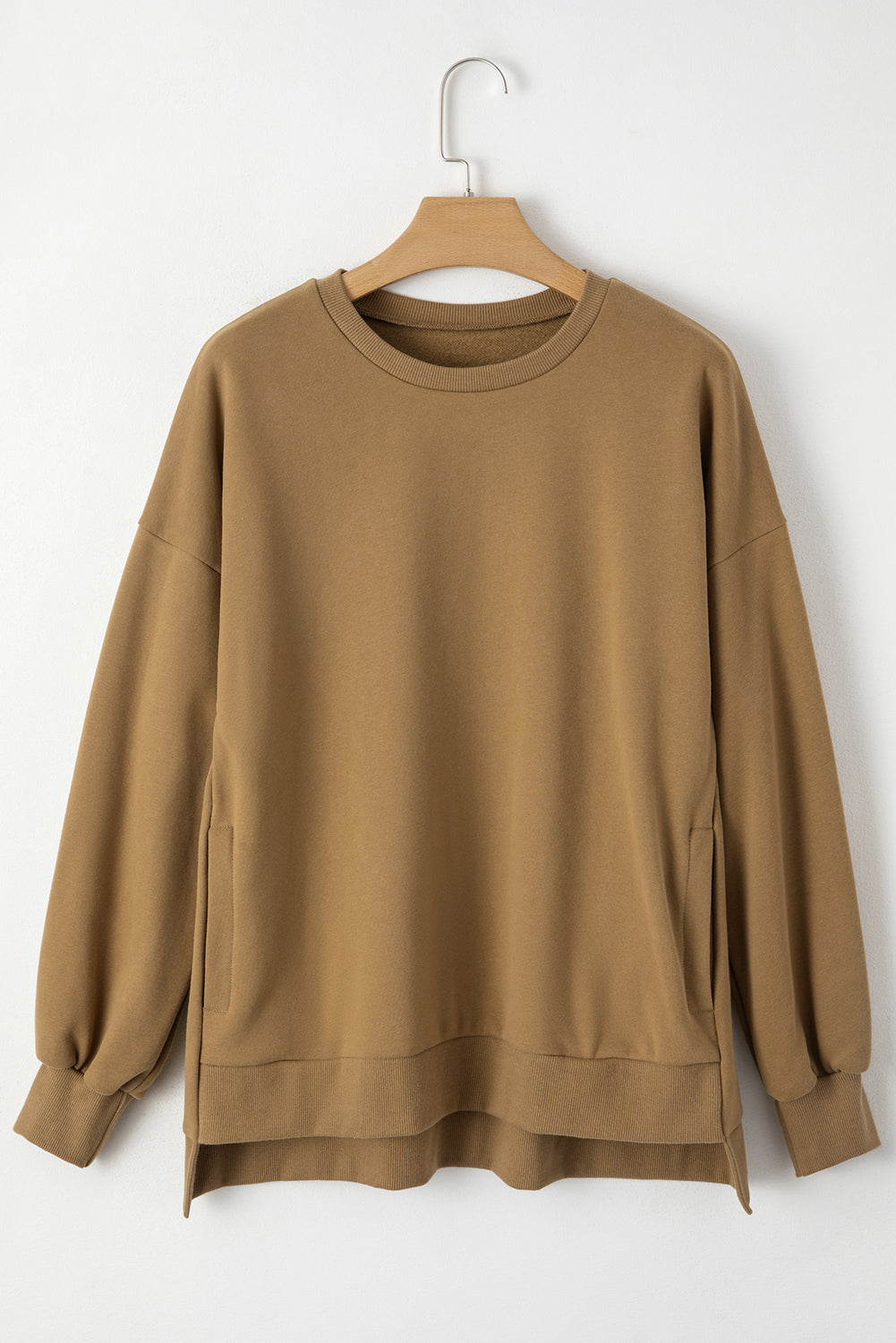Camel Solid Fleece Lined Drop Shoulder High Low Sweatshirt Sweatshirts & Hoodies JT's Designer Fashion