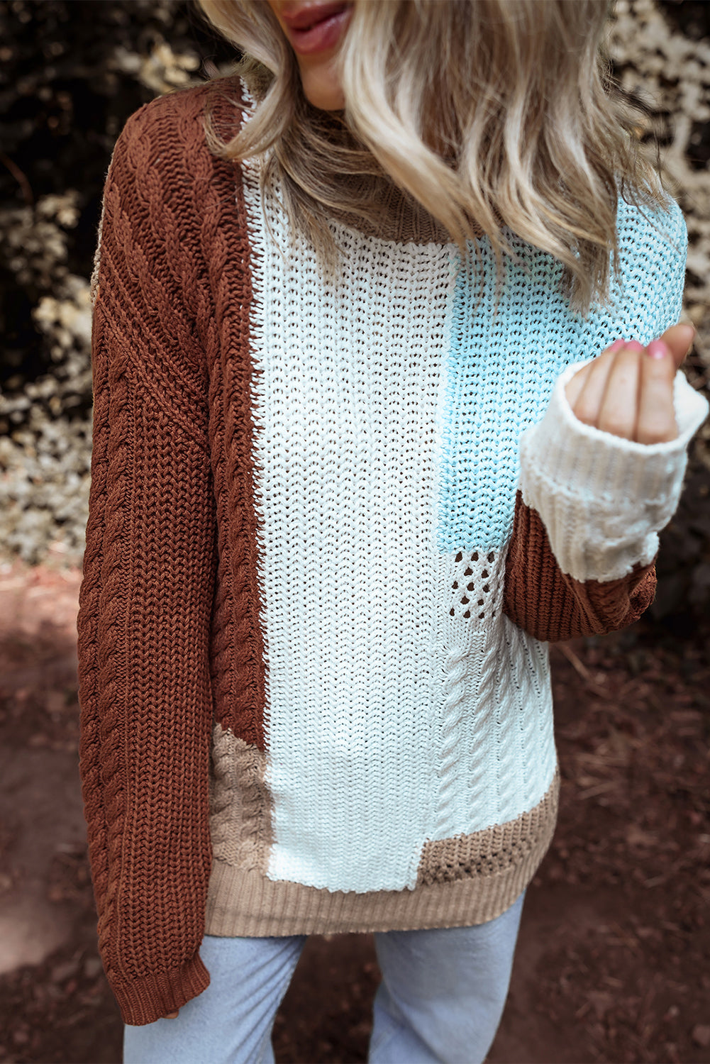 Khaki Mix Textured Knit Colorblock Patchwork Sweater Sweaters JT's Designer Fashion