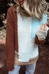 Khaki Mix Textured Knit Colorblock Patchwork Sweater Sweaters JT's Designer Fashion