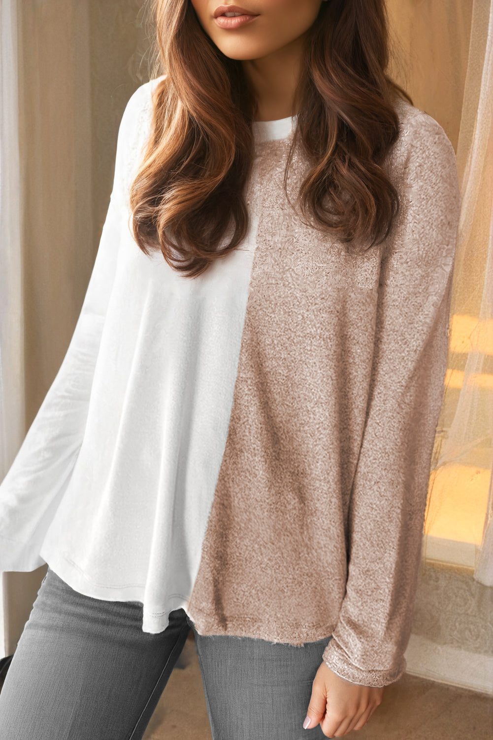 Khaki Colorblock Long Sleeve Crew Neck Top Long Sleeve Tops JT's Designer Fashion