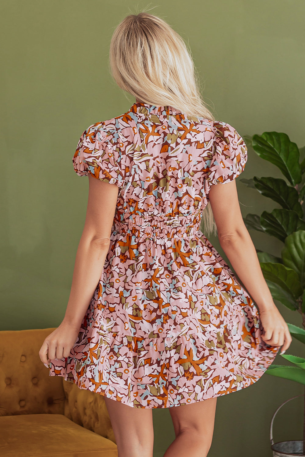 Pink Floral Print Puff Sleeve Shirred High Waist Mini Dress Floral Dresses JT's Designer Fashion