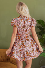 Pink Floral Print Puff Sleeve Shirred High Waist Mini Dress Floral Dresses JT's Designer Fashion