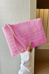 Rose Red Straw Woven Wrist Strap Zipper Large Wallet Handbags JT's Designer Fashion