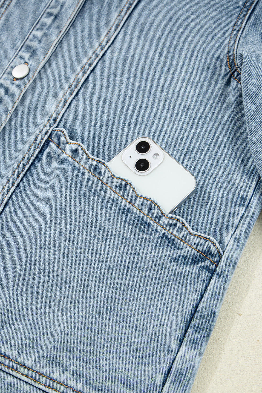 Myosotis Scallop Trim Collar Patched Pocket Button Up Denim Jacket Denim Jackets JT's Designer Fashion