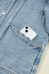 Myosotis Scallop Trim Collar Patched Pocket Button Up Denim Jacket Denim Jackets JT's Designer Fashion