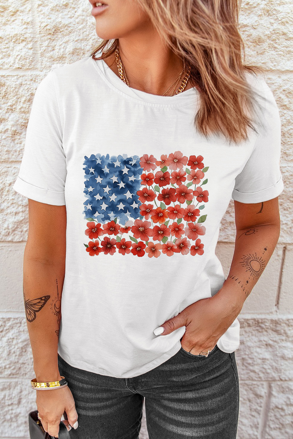White Star Floral American Flag Printed T Shirt Graphic Tees JT's Designer Fashion