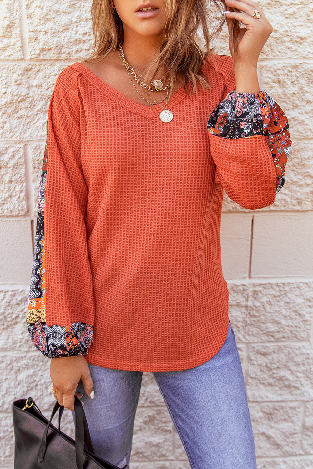 Orange Contrast Eyelet Thermal Knit Top Long Sleeve Tops JT's Designer Fashion