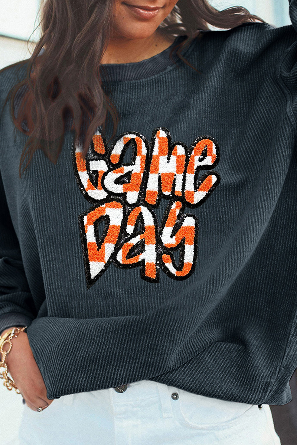 Dark Grey Chenille Checkered Game Day Graphic Drop Shoulder Corded Sweatshirt Graphic Sweatshirts JT's Designer Fashion