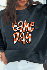 Dark Grey Chenille Checkered Game Day Graphic Drop Shoulder Corded Sweatshirt Graphic Sweatshirts JT's Designer Fashion