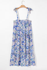 Sky Blue Floral Print Self-tie Straps Flowy Ruffle Long Dress Maxi Dresses JT's Designer Fashion