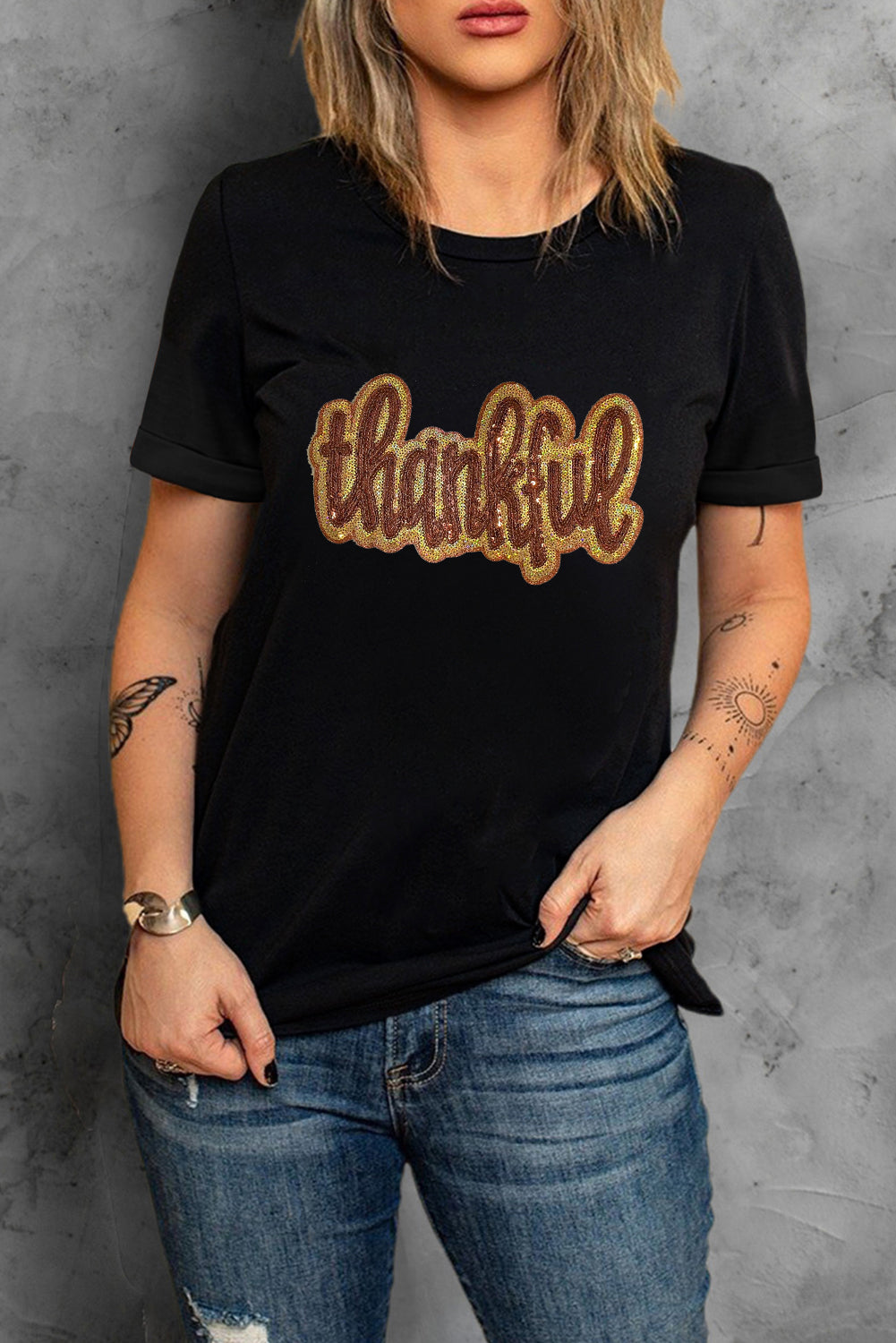 Black Sequined Thankful Round Neck Graphic Tee Graphic Tees JT's Designer Fashion