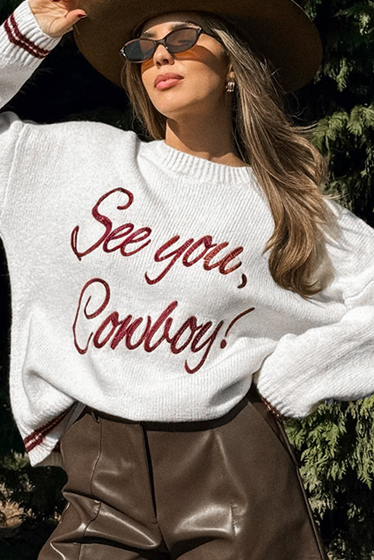 White See You Cowboy Embroidered Western Graphic Sweater Sweaters JT's Designer Fashion
