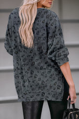 Gray Leopard Print Button Split Neck Waffle Sweatshirt Sweatshirts & Hoodies JT's Designer Fashion