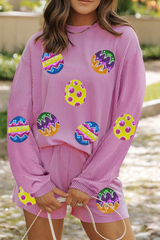 Phalaenopsis Easter Egg Patched Graphic Corded Long Sleeve Top Shorts Set Phalaenopsis 75%Polyester+20%Viscose+5%Elastane Graphic Sets JT's Designer Fashion
