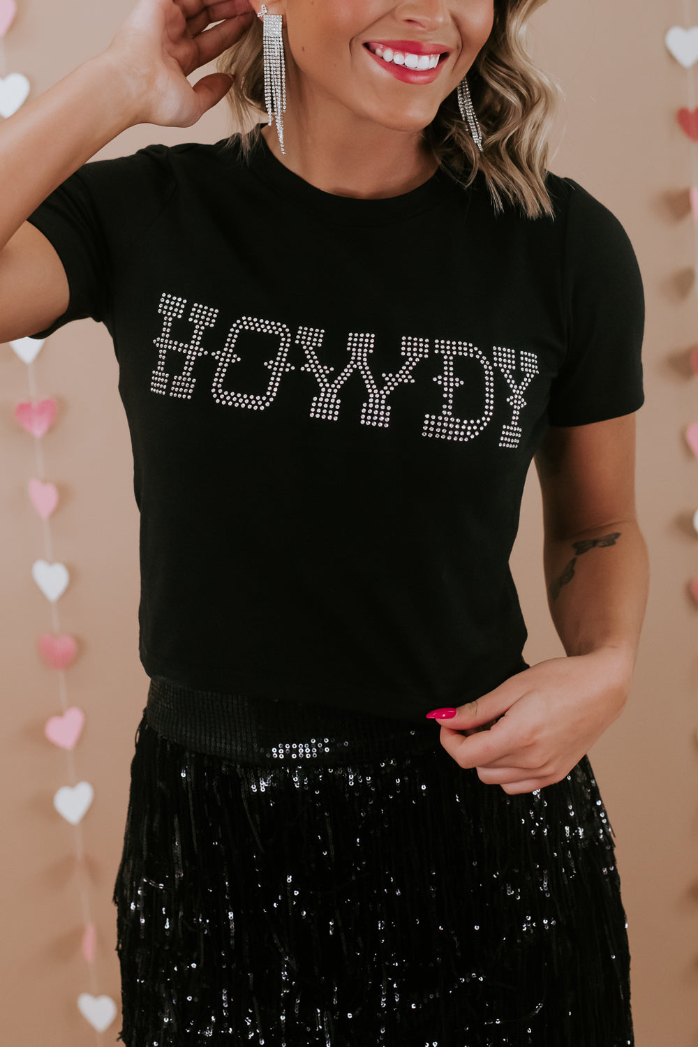 Black HOWDY Rhinestone Slim Fit Crew Neck T Shirt Graphic Tees JT's Designer Fashion