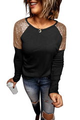 Black Sequin Shoulder Long Sleeve Top Long Sleeve Tops JT's Designer Fashion