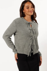 Philippine Gray Ribbed Knit Bow Front Buttoned Cardigan Cardigans JT's Designer Fashion