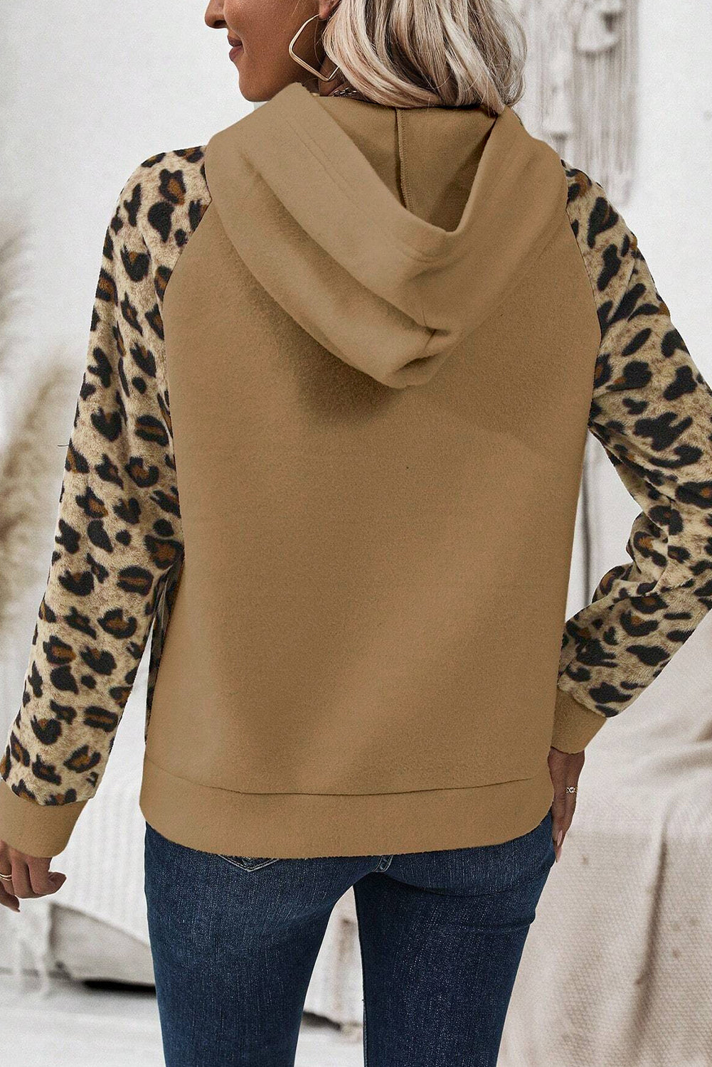 Light French Beige Leopard Print Patchwork Raglan Sleeve Half Buttons Hoodie Sweatshirts & Hoodies JT's Designer Fashion
