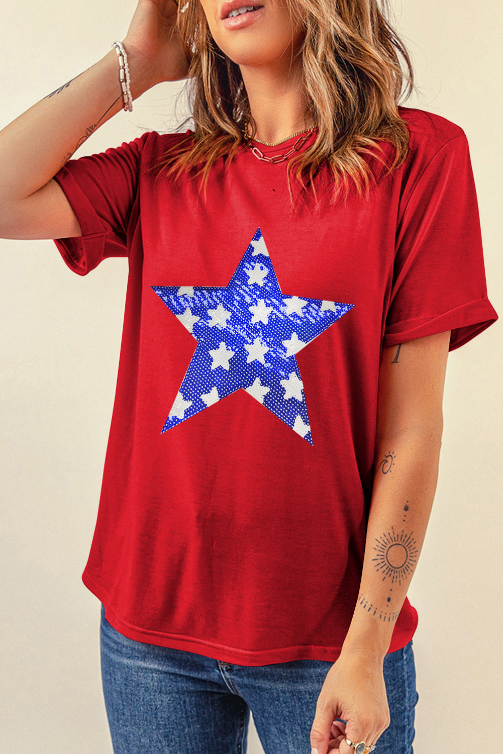 Red Sequin Star Graphic Crewneck T Shirt Graphic Tees JT's Designer Fashion
