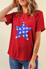 Red Sequin Star Graphic Crewneck T Shirt Graphic Tees JT's Designer Fashion