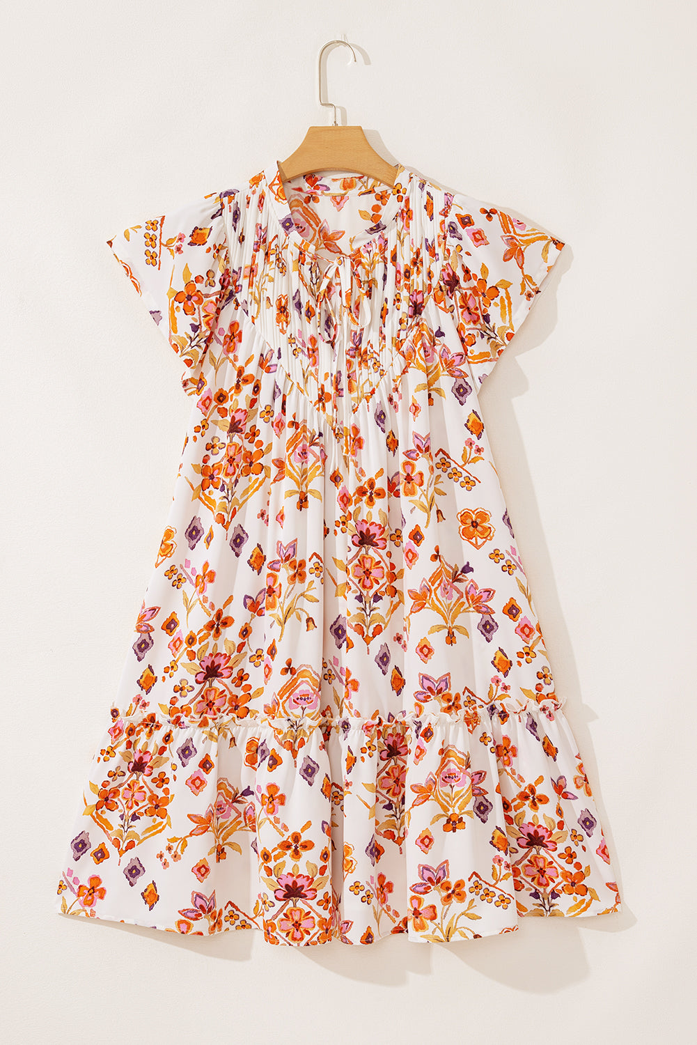 Apricot Floral Geometric Print Ruffled Trim Flutter Sleeve Mini Dress Floral Dresses JT's Designer Fashion