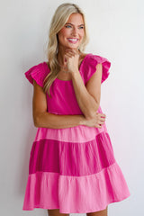 Pink Crinkled Colorblock Patchwork Flutter Tiered Mini Dress Mini Dresses JT's Designer Fashion