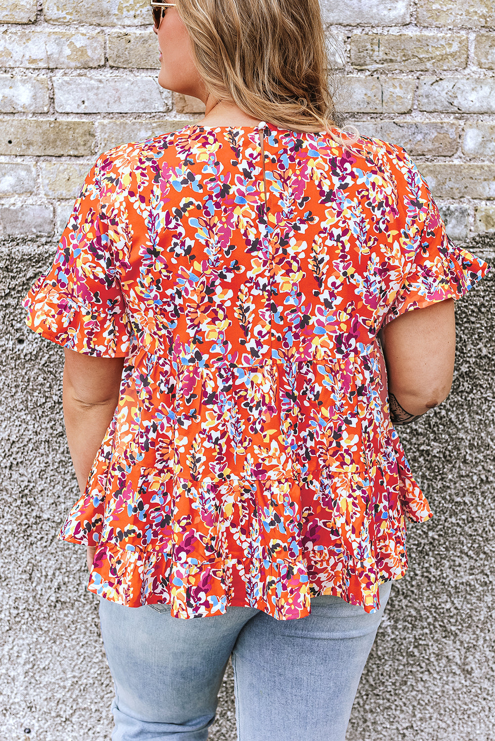 Orange Floral Printed Ruffle Sleeve Curvy Babydoll Blouse Plus Size JT's Designer Fashion