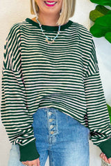 Green Stripe Loose Drop Shoulder Long Sleeve Top Long Sleeve Tops JT's Designer Fashion