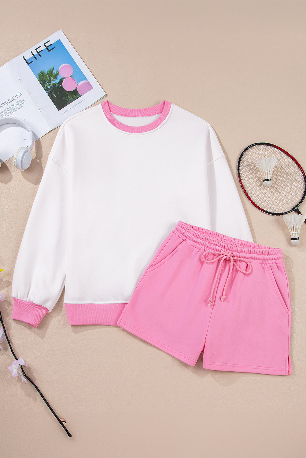 Strawberry Pink Color Block Pullover and Lace-up Elastic Waist Shorts Set Short Sets JT's Designer Fashion
