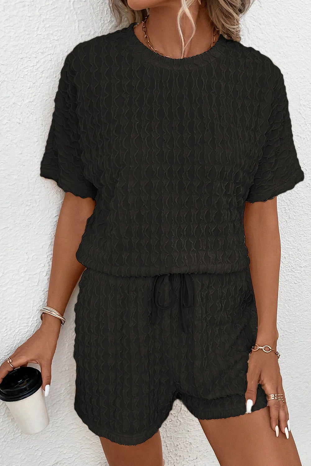 Black Frill Textured Short Sleeve Top and Drawstring Shorts Set Black 95%Polyester+5%Elastane Short Sets JT's Designer Fashion