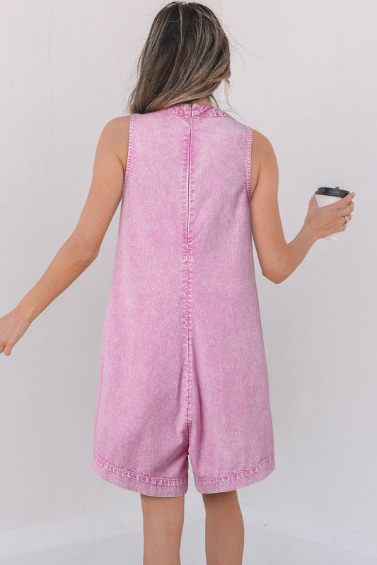 Bonbon Mineral Wash Pleated Bust V Neck Sleeveless Denim Romper Jumpsuits & Rompers JT's Designer Fashion