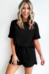 Black Casual Textured Tee and Drawstring Shorts Set Short Sets JT's Designer Fashion
