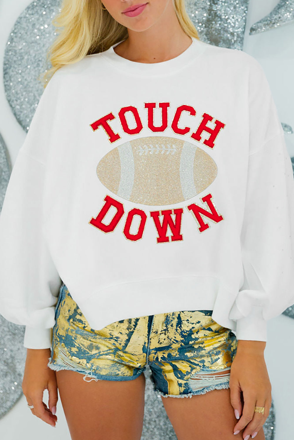 White TOUCH DOWN Football Graphic Pullover Sweatshirt Sweatshirts & Hoodies JT's Designer Fashion