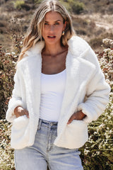 Beige Faux Fur Button Pocketed Lapel Collar Jacket Jackets JT's Designer Fashion