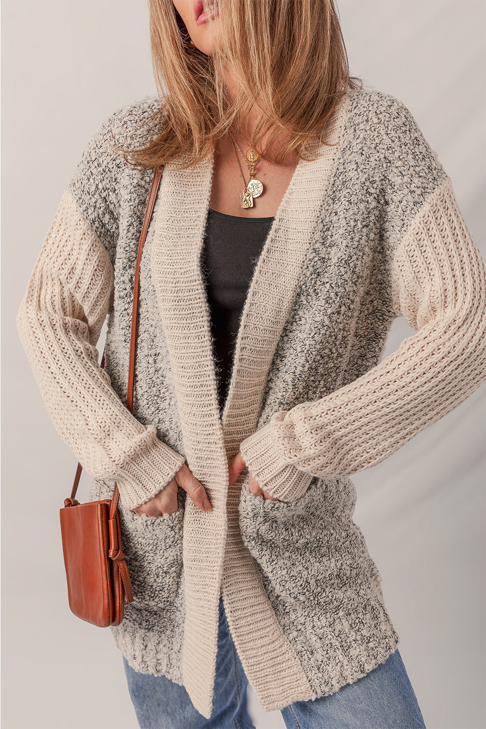 Color Block Side Pockets Open Front Cardigan Cardigans JT's Designer Fashion