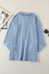 Sky Blue Button Front Turn-down Neck Knit Top Long Sleeve Tops JT's Designer Fashion