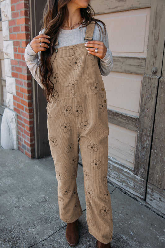 Khaki Flower Print Corduroy Overalls Khaki 100%Polyester Jumpsuits & Rompers JT's Designer Fashion